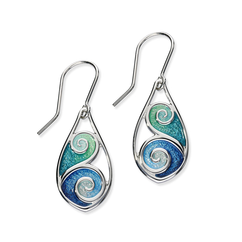 Tranquility Sterling Silver & Blue/Green Enamel Swirl Oval Drop Earrings, EE289